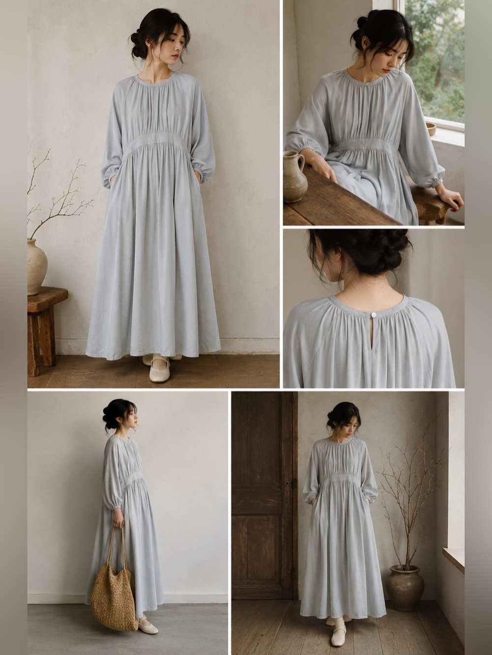 Japanese Linen Blend Prairie Maxi Dress Blue Grey Minimalist Pockets